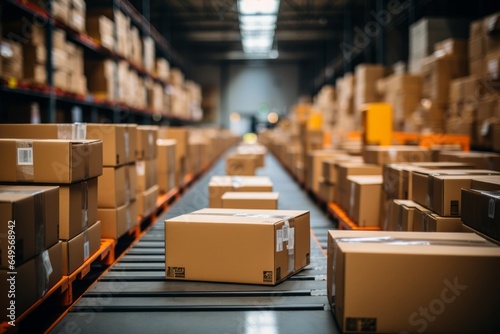  Well-organized e-commerce warehouse with rows of packages ready for shipping, Generative AI