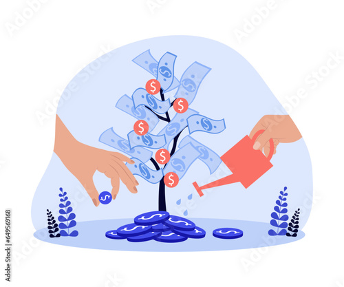 Hands watering money tree vector illustration. Banknotes and coins growing on tree as leaves, people investing money and nurturing savings. Financial growth, prosperity, banking concept