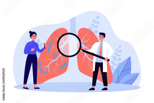 Doctor examining lungs of vaping patient vector illustration. Drawing of medical professional with magnifier, woman with respiratory disease holding vape. Health, smoking or vaping, addiction concept