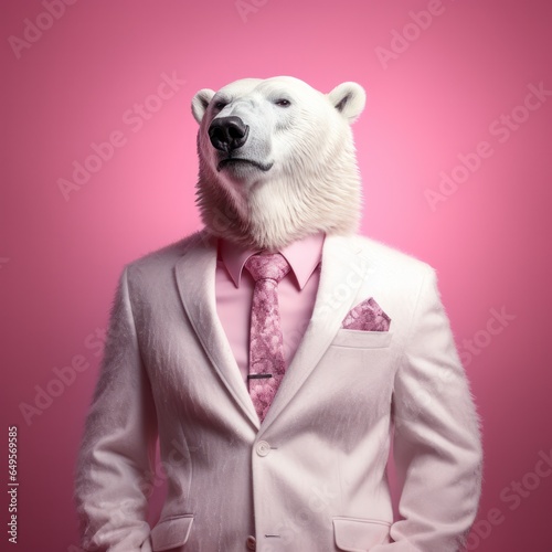 A whimsical anthropomorphic polar bear with a pink fur coat, white collar, and red tie stands confidently in an indoor room, ready to take on the world