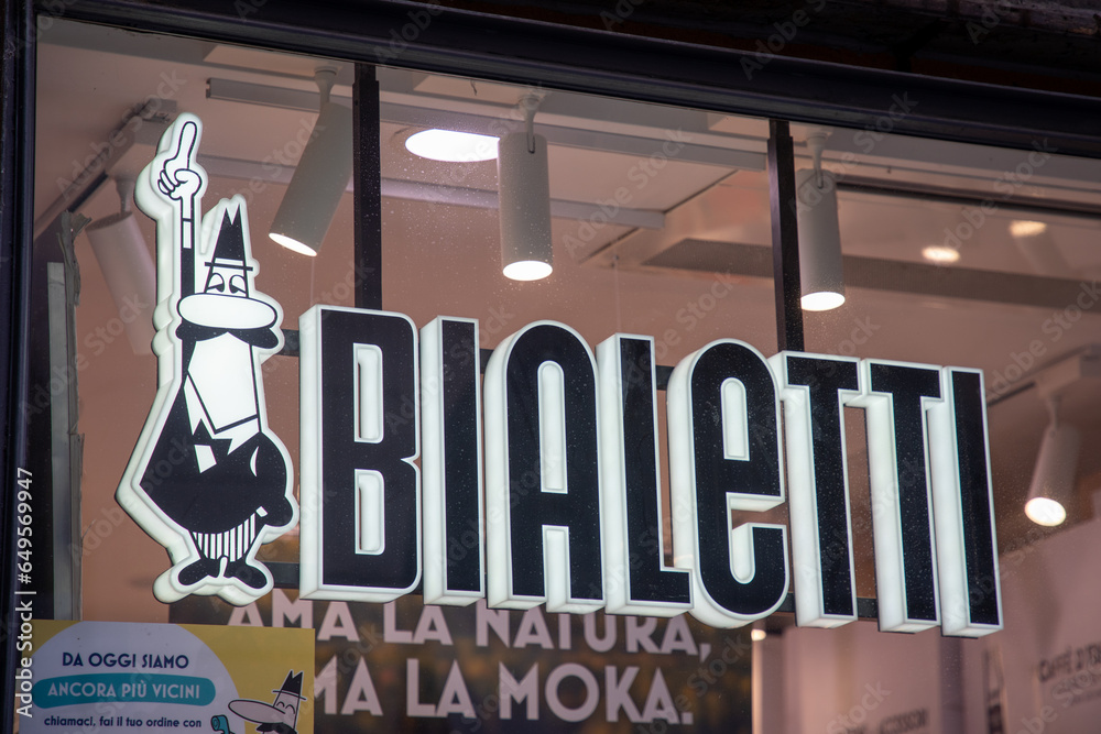 Bialetti store coffee shop brand logo and text sign on boutique coffee machines cookware and