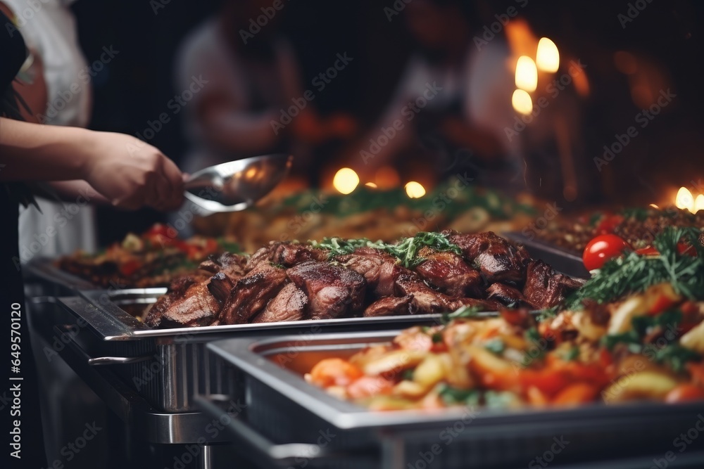 Naklejka premium Catering buffet food indoor in restaurant with grilled meat.