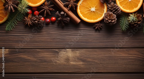 Festive Christmas decorations of cinnamon, pine cones and oranges on a wooden table