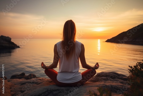 Young woman practices yoga on the rocky coast by the sea at sunset