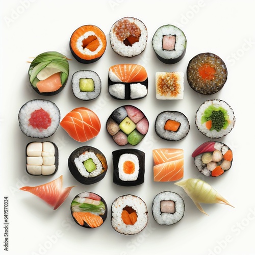 Sushi rolls collection with fresh raw on white background. Created with Generative AI technology.