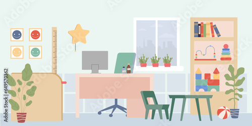 Cozy pediatrician office essentials vector illustration. Doctor desk with computer and medicine, play area with toys and books for children. Child-friendly health care, medicine concept