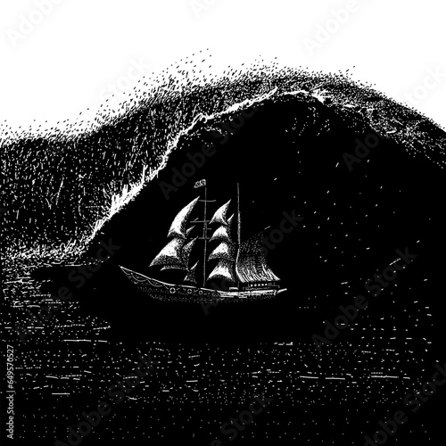 tsunami wave over the ship hand drawing vector isolated on background.