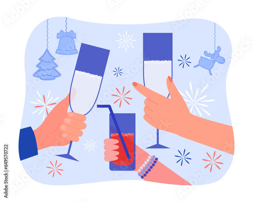 Hands holding champagne and juice glasses vector illustration. Father, mother and child raising drinks to celebrate Christmas or New Year, fireworks and decor around. Family toast, holiday concept
