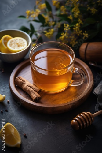 A glass of lemon ginger root tea on wooden table top.