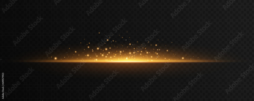 Sparkling backlight isolated on a dark transparent background. Bright flash with dynamic golden magical dust. Glittering graphic element. Vector illustration.