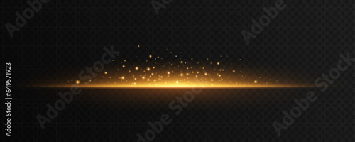 Sparkling backlight isolated on a dark transparent background. Bright flash with dynamic golden magical dust. Glittering graphic element. Vector illustration.