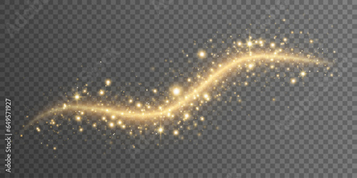 Christmas glowing trail with dynamic golden magical dust and stars. Sparkling wavy light effect with lights bokeh. Glittering element for your design. Vector illustration.
