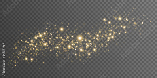 Christmas light effect with dynamic golden magical dust isolated on transparent background. Flying glowing particles with lights bokeh. Glittering graphic elements. Vector illustration.