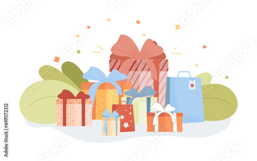 Colorful present boxes of different size vector illustration. Wrapped gifts, packages and shopping bags prepared for family and friends. Christmas celebration, holiday concept