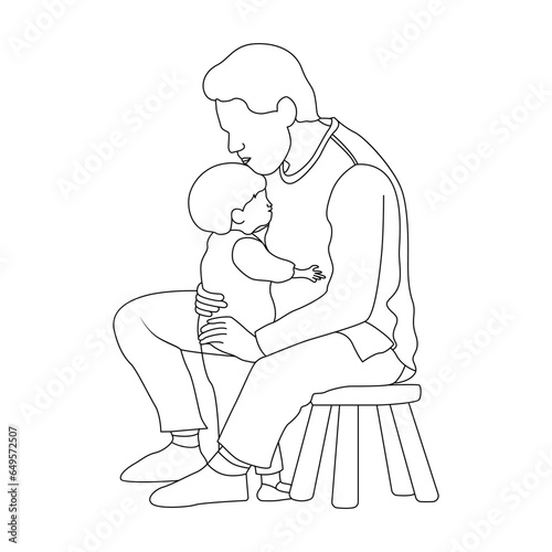 One line drawing of father and his two children holding hands out line vector illustration
