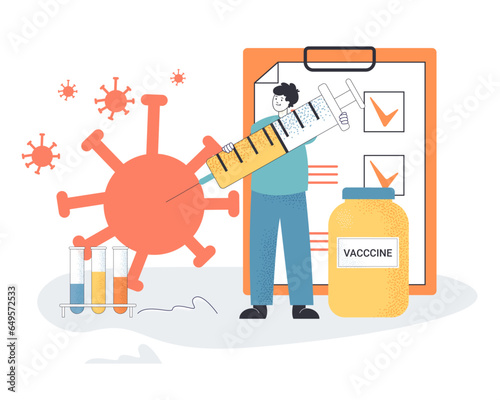 Happy doctor with huge vaccine syringe and virus particle. Laboratory equipment, prevention of coronavirus or disease vector illustration. Vaccination, healthcare, medicine, immunity concept