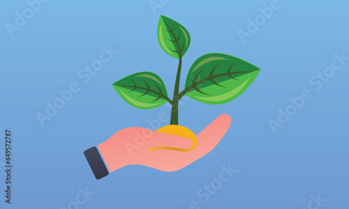 Plant in hand.on blue background.Vector Design Illustration. © K