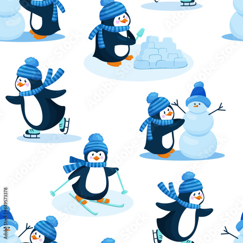 Seamless pattern with cute penguin vector illustrations. Cartoon winter characters.