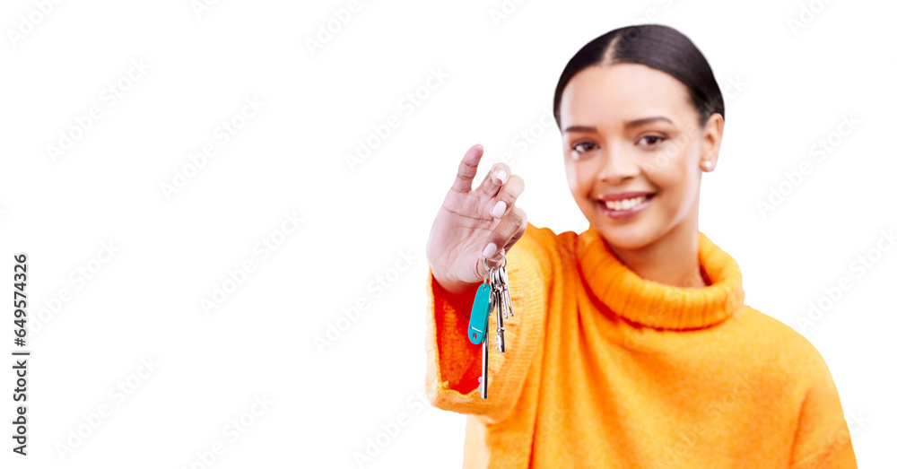 Portrait, moving and woman with key, smile and new homeowner isolated on transparent, png background. Mortgage, female person and happy from rent opportunity with real estate investment and excited Portrait, moving and woman with key, smile and new homeowner isolated on transparent, png background. Mortgage, female person and happy from rent opportunity with real estate investment and excited