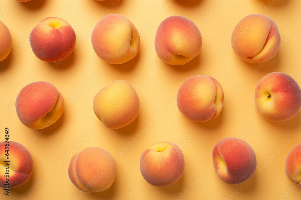 Top view of peach fruits on pastel yellow background Top view of peach fruits on pastel yellow background