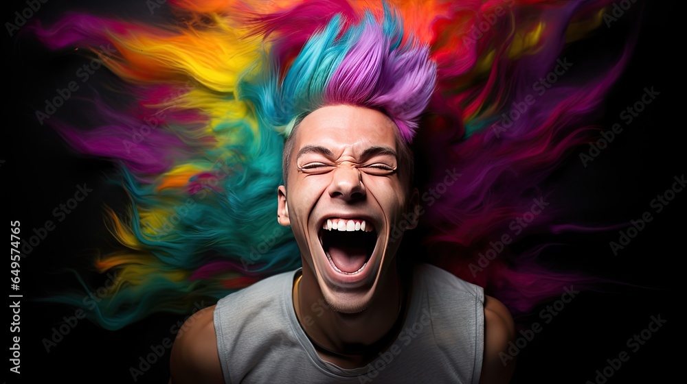 Close-up photo of a handsome multi-colored-haired man smiling widely, showing off his perfect teeth. Express your emotions in a brightly lit room The concept of people and happiness