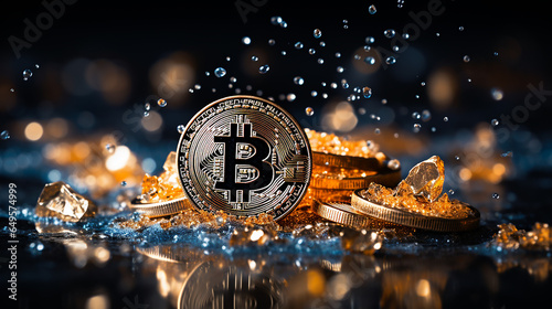 Bitcoins on the table, cryptocurrency background image photo