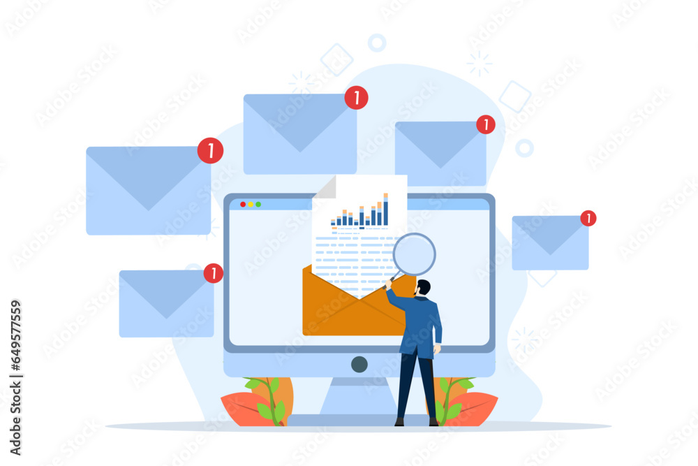 concept of businessman reading and researching emails. Open email illustration concept. Receive notifications on your computer screen about new emails. Documents are enclosed in an envelope. concept of businessman reading and researching emails. Open email illustration concept. Receive notifications on your computer screen about new emails. Documents are enclosed in an envelope.