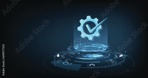 Standards quality control design. Gear and checkmark on a dark blue background.