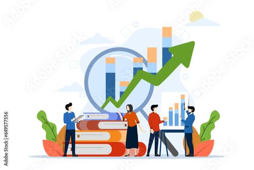 business vector illustration, office worker is studying infographics, evolution scale vector analysis. business infographics. business team doing business graph analysis. flat vector illustration.