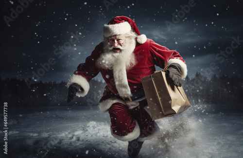 In a cinematic ambiance, Santa Claus is captured in an action-packed moment, dashing with his sack in a thrilling exit. The mood and tone convey a sense of cinematic excitement. Generative AI.
