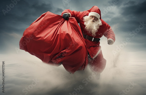 In a cinematic ambiance, Santa Claus is captured in an action-packed moment, dashing with his sack in a thrilling exit. The mood and tone convey a sense of cinematic excitement. Generative AI. photo