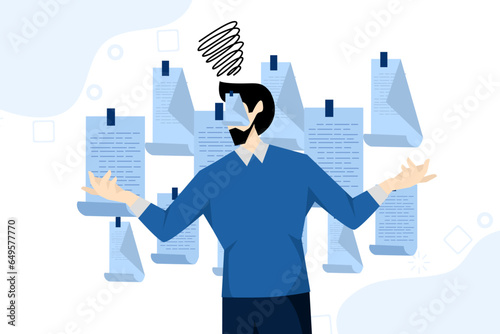 concept of being frustrated or overwhelmed due to multitasking, work burdened with too many tasks, too busy working, appointments or tired, frustrated businessman working with messy sticky notes.