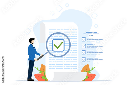concept of inspection or document review, legal or audit report, quality assurance, document search, investigation, proof or inspection, businessman with magnifying glass examining documents.