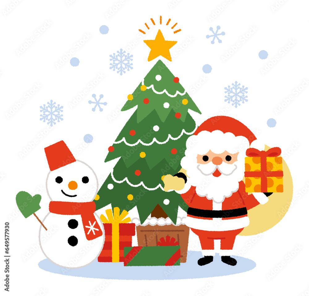 クリスマスツリーとサンタクロースと雪だるまとプレゼントの手書きベクターイラスト