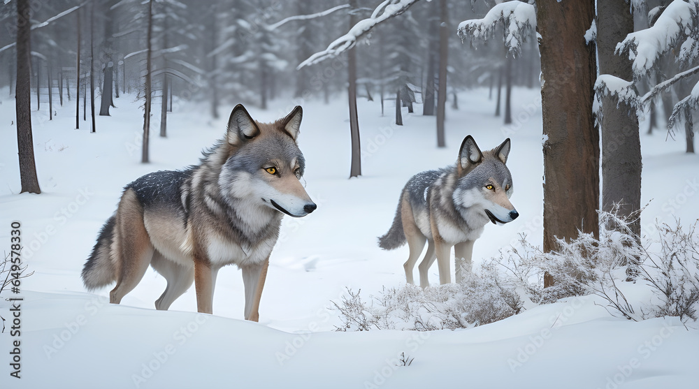 Ethereal Encounter, A Captivating Photograph of a Pair of Majestic Wolves in the Serene Embrace of a Snowy Wilderness