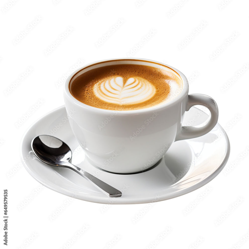 A white cup of coffee with spoon and foam on top isolated on transparent background, png file, side view, A white cup of coffee with spoon and foam on top isolated on transparent background, png file, side view,