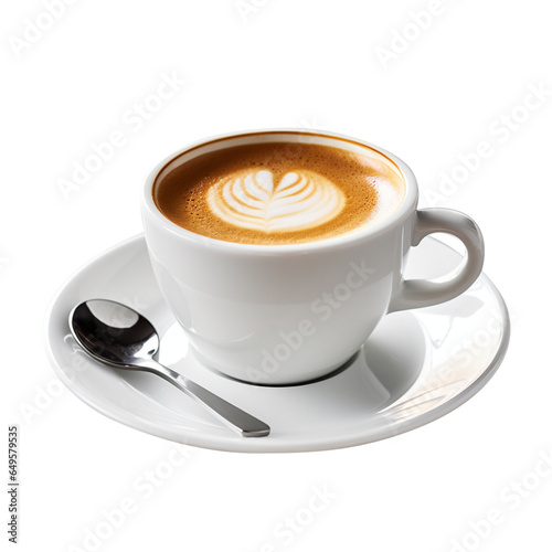  A white cup of coffee with spoon and foam on top isolated on transparent background, png file, side view,