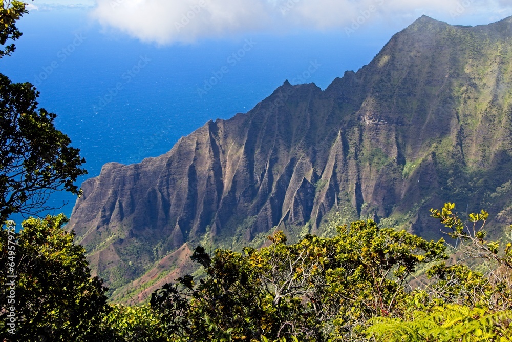 Fototapeta premium The Na Pali Coast is one of Kauai's most iconic landscapes. At the end of Koke'e State Park, you get a glimpse of the rugged cliffs that drop steeply to the Pacific