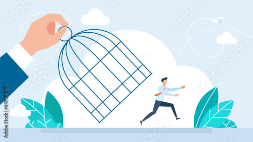 Freedom. Courage to escape for freedom, get out of comfort zone. Businessman runs away from the large birdcage. Hand capturing running businessman with birdcage, business concept. Vector illustration