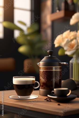 Coffee shop,  coffee beans, cappuccino, latte, flowers, morning, coffee table,  highly detalied photo