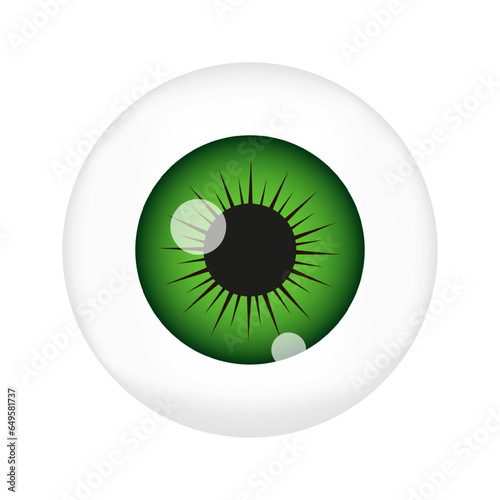 Human eye ball with green pupil. Eyeball closeup view isolated on white background. Espionage, curiosity, spying, surveillance concept. Vector realistic illustration.