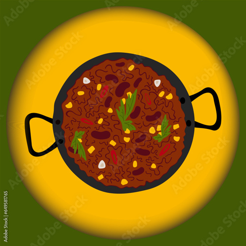 Chili con carne in a cast iron pan on a paper cut style background. Traditional Mexican spicy food