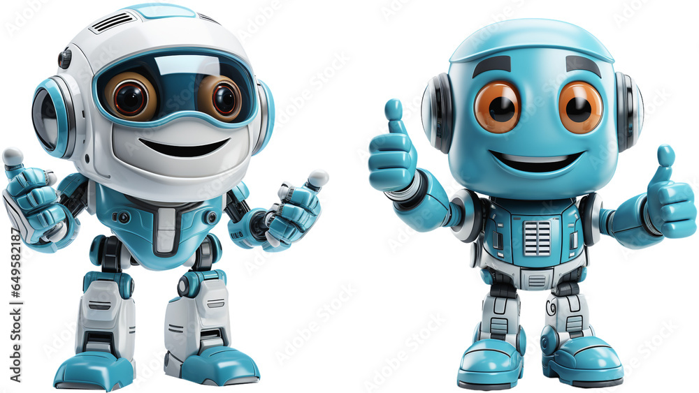 happy little robots in human form raise their thumbs