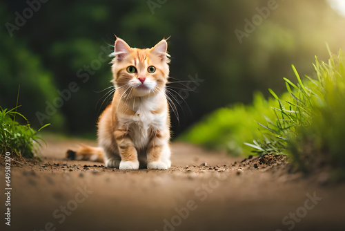 orange kitten walking on the ground among the green grass