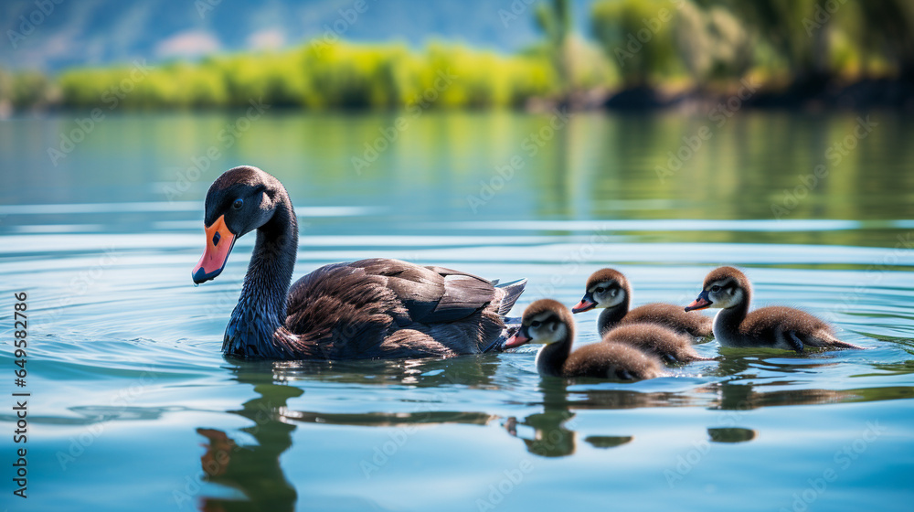 A black swan family with adorable cygnets swimming in formation, following their parents across a serene pond A black swan family with adorable cygnets swimming in formation, following their parents across a serene pond