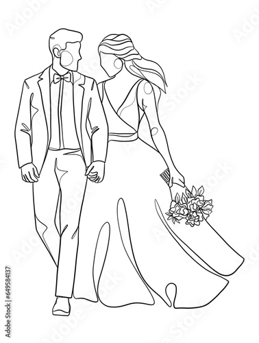 Continuous one line drawing of a wedding couple. Vector illustration.