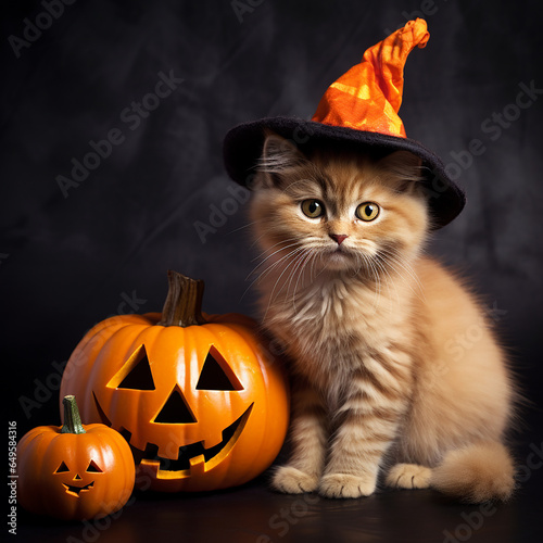 Photorealistic image of a cute kitten in a hat with a Halloween pumpkin. © Татьяна Гончарук