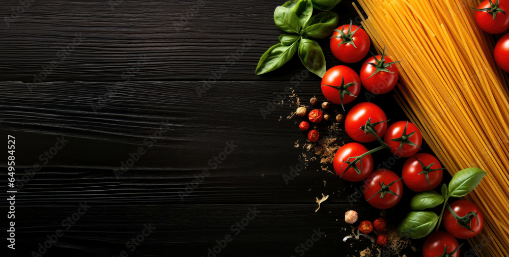 Italian pasta lies on a dark countertop along with basil and tomatoes. Flat top conceptual image from above with negative space for Italian cooking Italian pasta lies on a dark countertop along with basil and tomatoes. Flat top conceptual image from above with negative space for Italian cooking