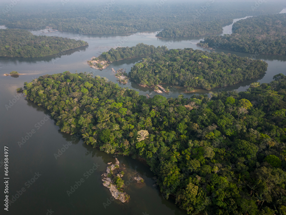 Beautiful aerial view to islands in wild green amazon rainforest Beautiful aerial view to islands in wild green amazon rainforest
