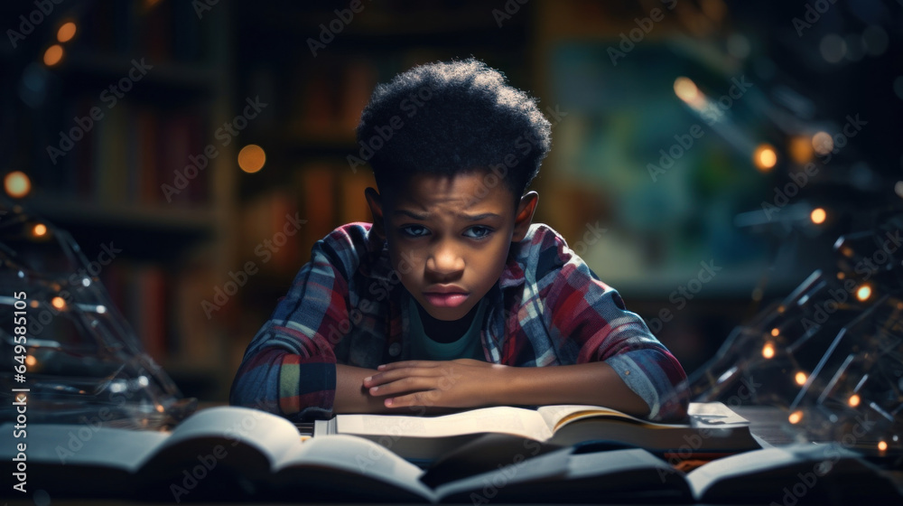Portrait of a sad boy studying hard surrounded by books and notebooks. - obrazy, fototapety, plakaty 